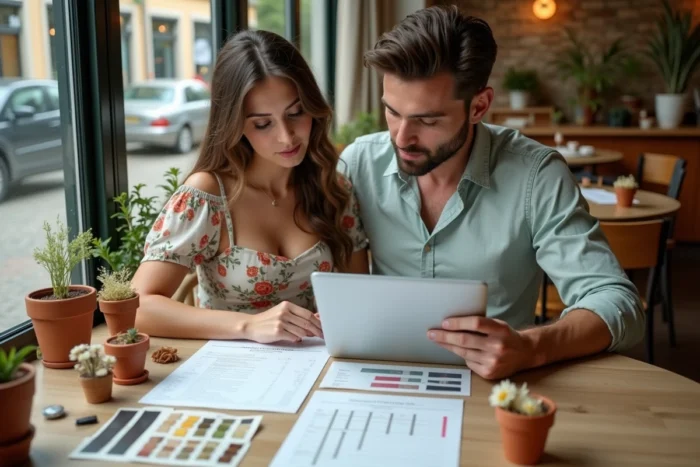 Couple comparant des devis et échantillons de décoration mariage dans un café pour optimiser leur budget