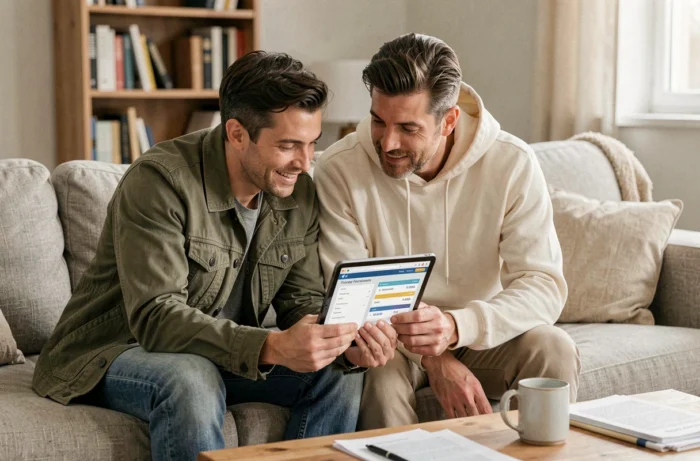 Paar, das eine Finanzierungssimulation für den Online-Autokauf auf einem Tablet in ihrem Wohnzimmer konsultiert