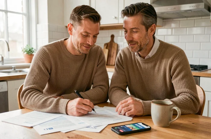 Un couple en pulls tricotés étudie ensemble des documents d'assurance et consulte une application bancaire sur smartphone autour d'une table de cuisine, symbolisant la gestion financière commune
