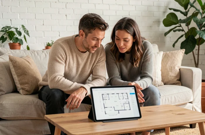 Couple consultant un plan interactif de leur habitat sur tablette dans un salon cosy et décoré