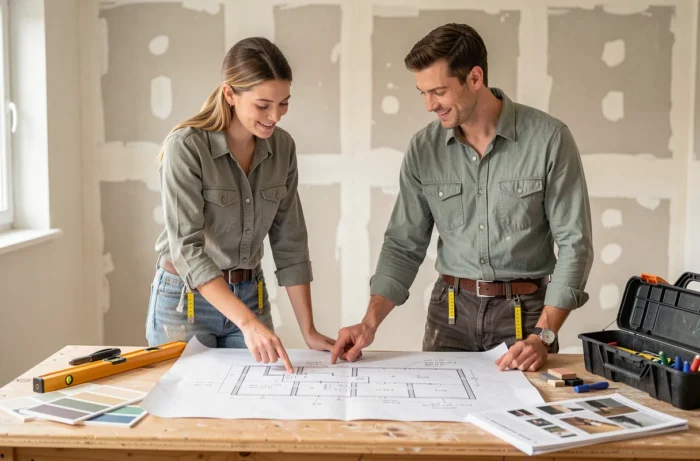 Couple consultant des plans de rénovation et d'aménagement intérieur dans un appartement en travaux