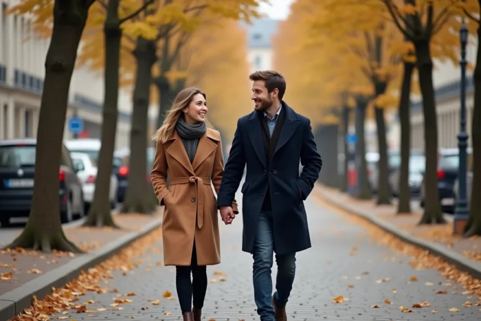 Couple se promenant main dans la main sur un boulevard parisien en automne, feuilles dorées et façades haussmanniennes en arrière-plan