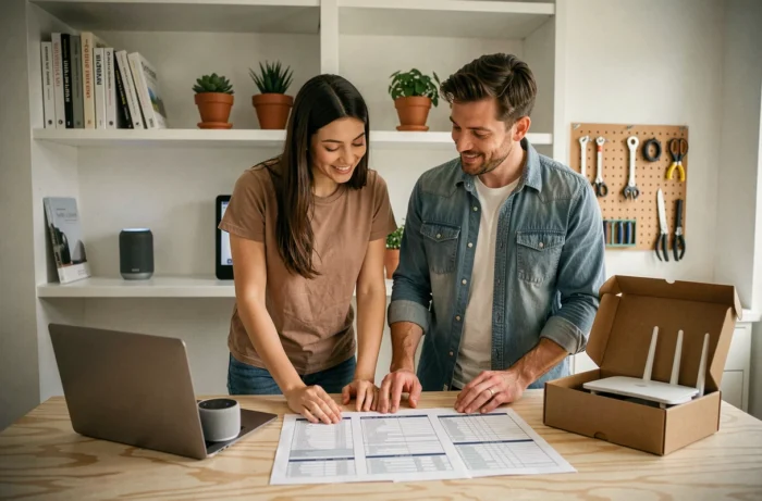 Paar, das eine Liste von High-Tech-Geräten in einem modernen Homeoffice mit weißen Regalen und Pflanzen konsultiert