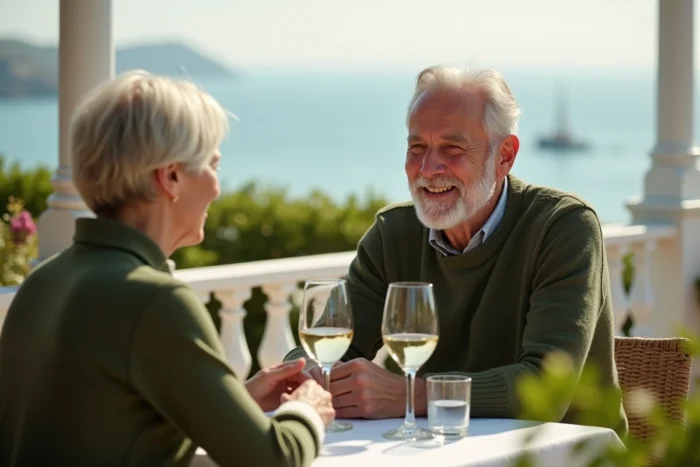 Couple de seniors complices autour d'un verre en terrasse au bord de la mer, symbolisant une nouvelle histoire d'amour après 60 ans