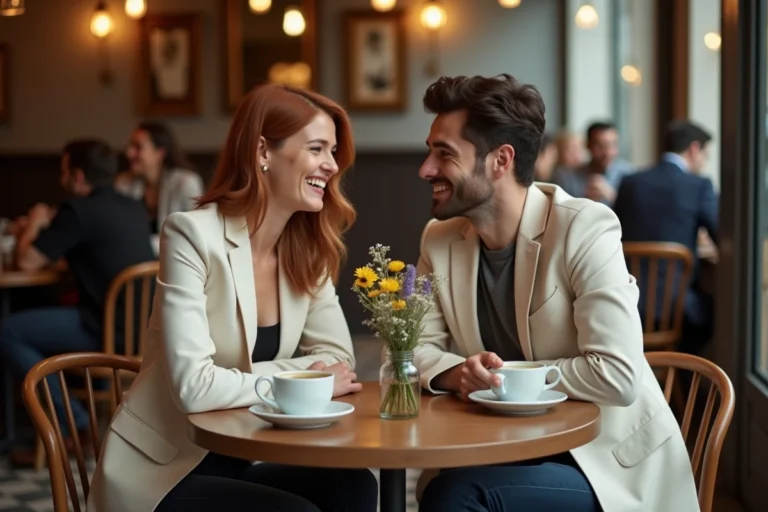 Couple complice attablé dans un café parisien, femme aux cheveux auburn riant avec son compagnon dans une ambiance chaleureuse