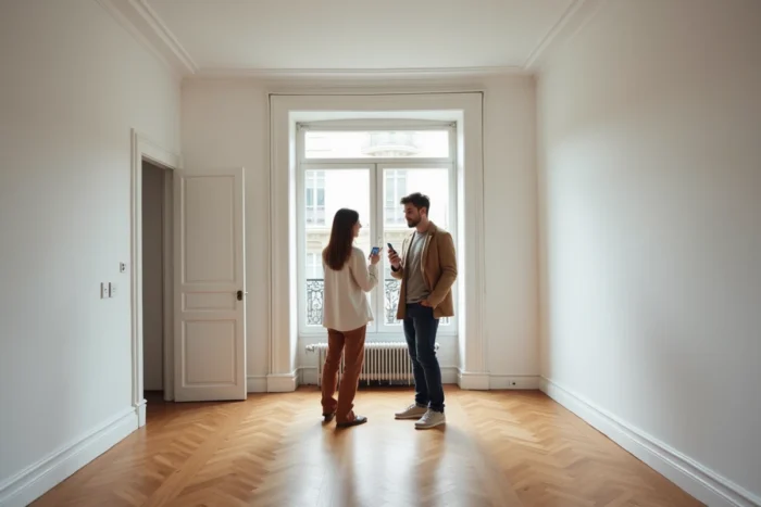 Couple visitant un appartement vide de type F2 ou T2 avec parquet et moulures parisiennes