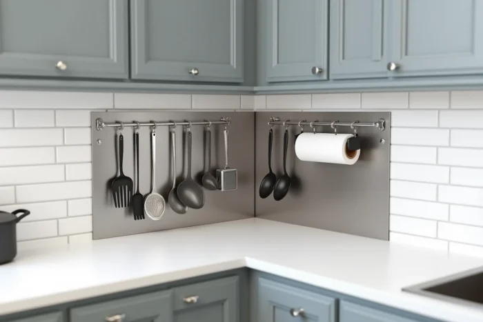 Crédence d'angle magnétique avec barres de suspension et accessoires organisés dans une cuisine