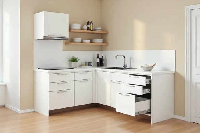 Système modulaire IKEA METOD installé en angle de cuisine avec tiroirs ouverts et accessoires d'angle
