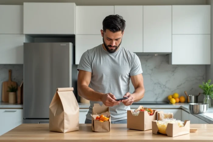 Homme déballant et comparant des produits surgelés Picard et Thiriet dans une cuisine moderne