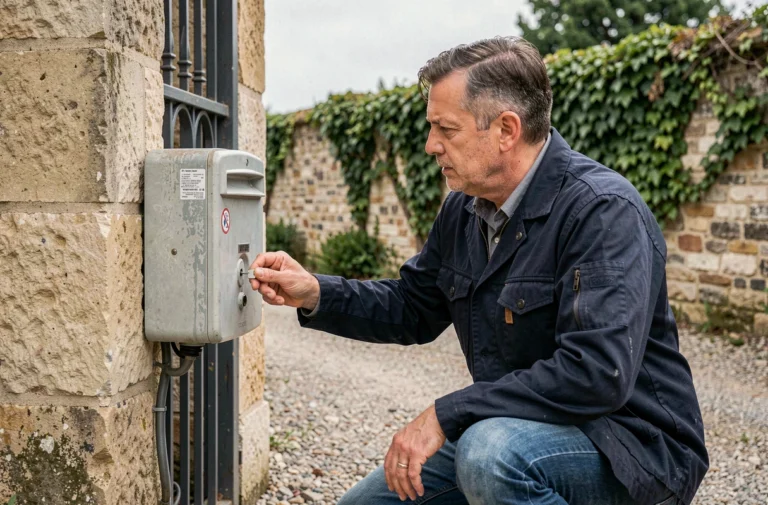 Homme débrayant manuellement un portail électrique coulissant avec une clé de déverrouillage sur pilier en pierre