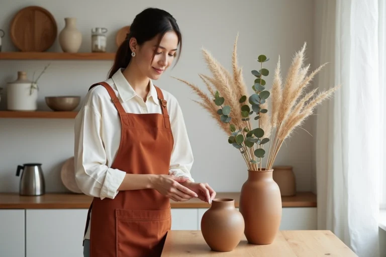 Femme arrangeant des fleurs séchées dans un vase en céramique sur une console en bois dans un salon scandinave moderne