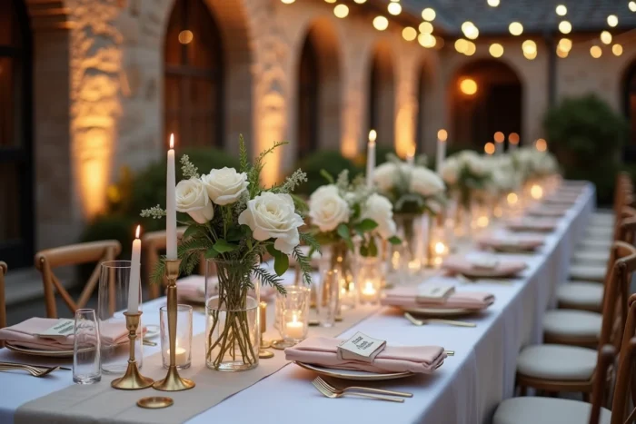 Table de mariage décorée avec fleurs, bougeoirs dorés et vaisselle élégante dans une cour en pierre en soirée