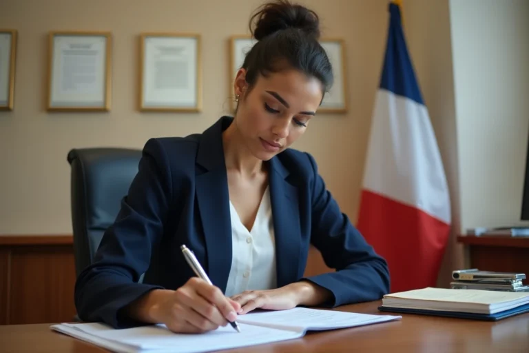 Femme remplissant un formulaire de demande de carte consulaire dans un bureau officiel en France