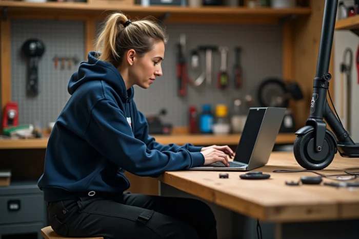 Femme diagnostiquant une trottinette Urban Glide 140 avec un ordinateur portable dans un atelier de réparation maison