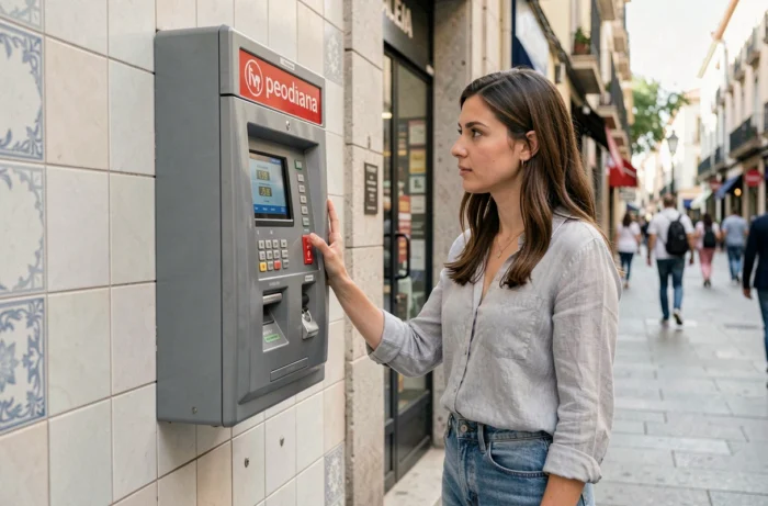 Jeune femme consultant les prix sur un distributeur automatique de cigarettes dans une rue de Barcelone