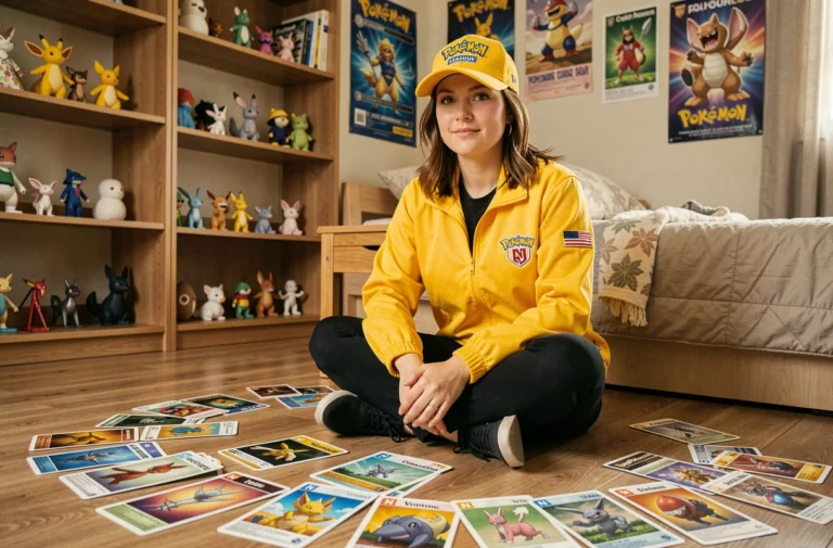 Jeune femme habillée en dresseuse Pokémon entourée de cartes Pokémon dont les noms commencent par N sur un plancher en bois