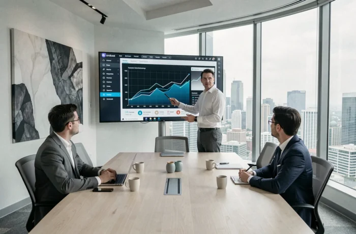 Entrepreneur présentant les tendances business 2024 lors d'une réunion d'entreprise avec des collègues attentifs