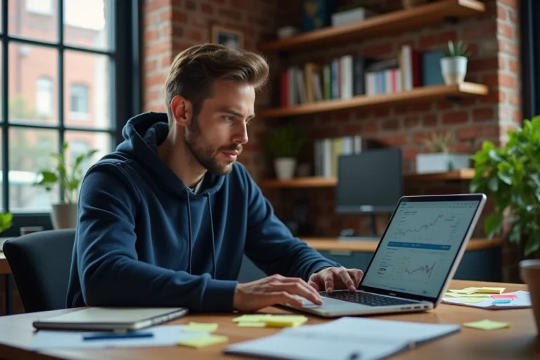 Jeune entrepreneur concentré sur son side business devant un ordinateur affichant des graphiques financiers dans un bureau à domicile moderne