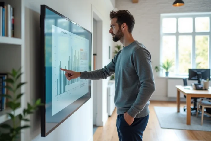 Entrepreneur présentant une stratégie de services digitaux innovants sur un écran tactile dans une agence web moderne