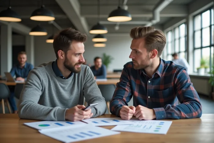 Deux entrepreneurs discutant d'un plan de side business autour de documents et d'une tablette dans un espace de coworking moderne