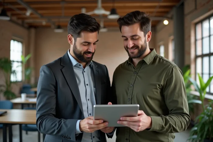Deux entrepreneurs discutant de tendances business sur une tablette dans un espace de coworking contemporain avec briques apparentes
