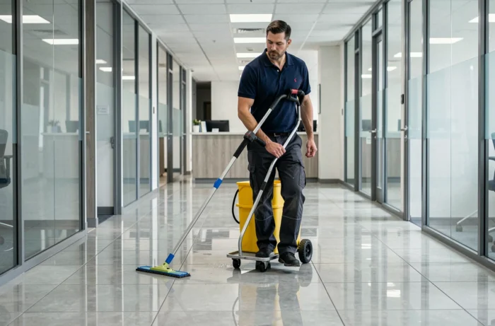 Agente de limpeza limpando o corredor de um prédio de escritórios com um sistema de limpeza profissional