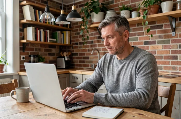 Homme envoyant un email de contact depuis chez lui sur ordinateur portable avec une tasse de café
