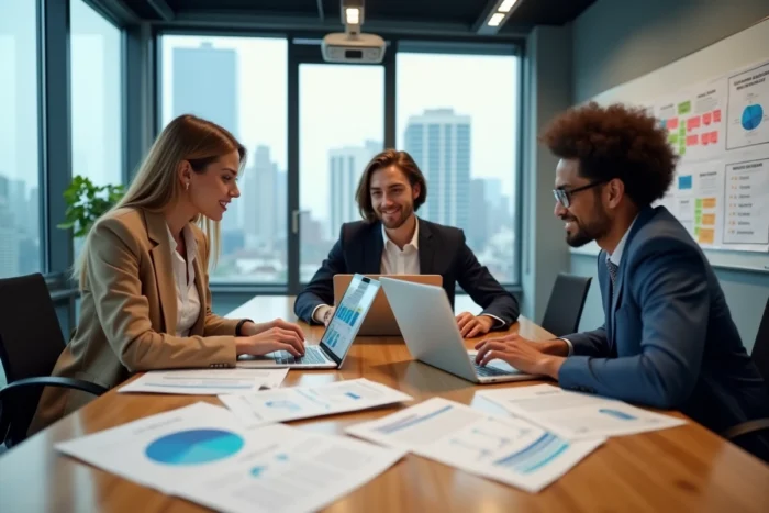 Équipe de professionnels collaborant autour de services digitaux innovants pour développer une entreprise en ligne