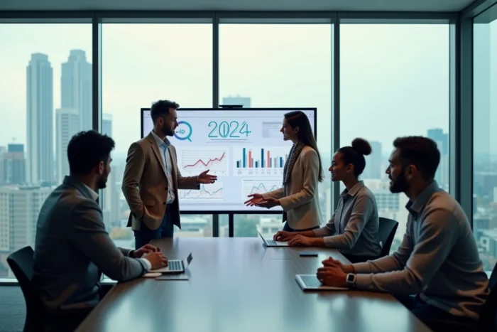 Équipe de professionnels en réunion devant un tableau numérique présentant les tendances du monde des affaires en 2024 avec vue sur la ville