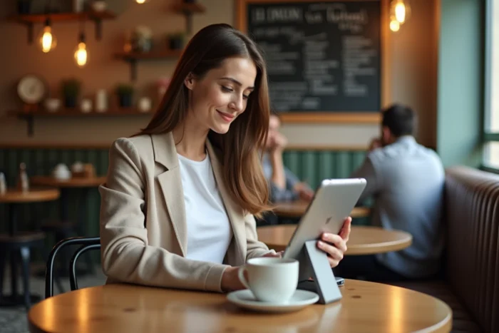 Jeune femme accédant à l'espace client Victor Direct Assurance sur tablette dans un café urbain