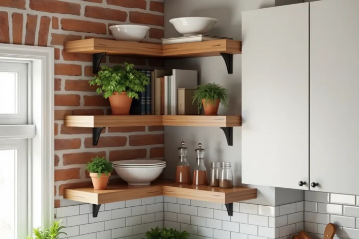 Étagères d'angle ouvertes fixées au mur dans une cuisine avec vaisselle, herbes et livres de cuisine