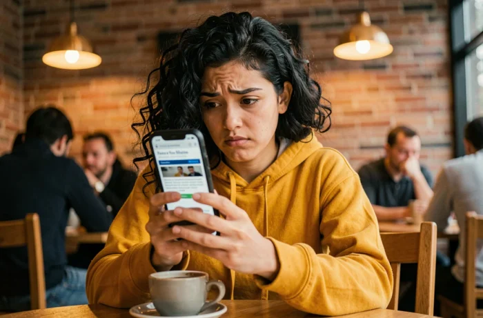 Étudiante consultant son téléphone pour identifier un site internet peu fiable dans un café