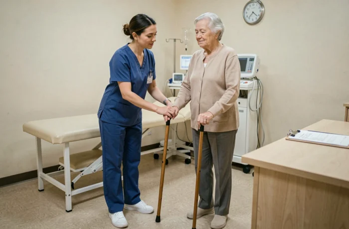 Physiothérapeute gériatrique évaluant l'équilibre d'une patiente âgée avec canne dans un cabinet de rééducation clinique