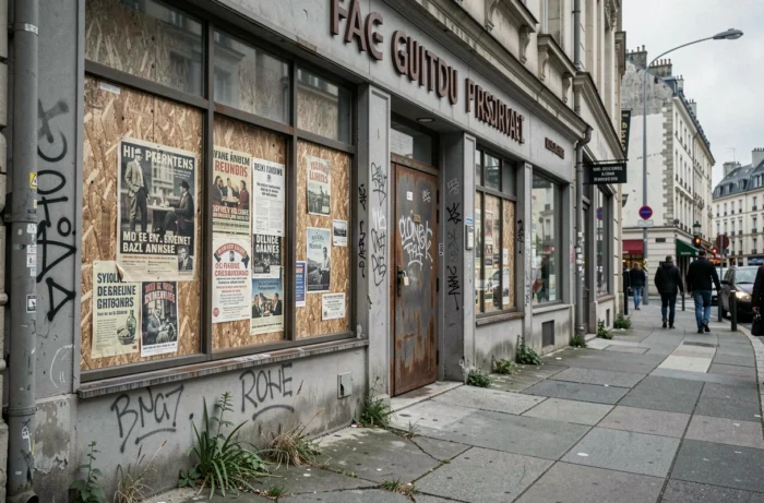 Façade extérieure délabrée d'un restaurant en chaîne fermé en France avec enseigne effacée et fenêtres condamnées