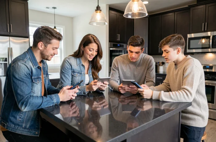 Famille comparant les offres d'abonnement Disney Plus sur smartphones et tablettes dans une cuisine moderne