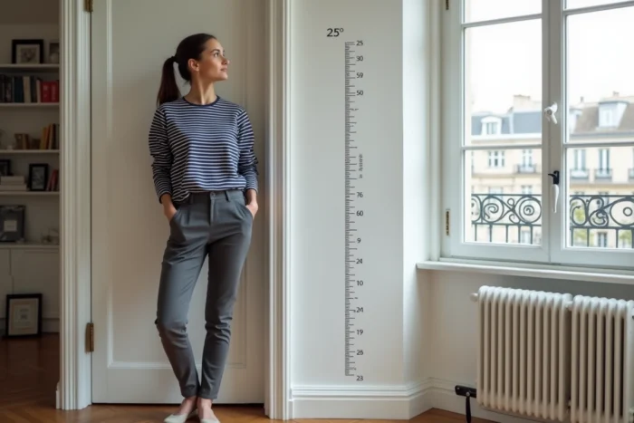 Femme française d'1m55 debout près d'un chambranle de porte dans un appartement parisien, pour illustrer la taille moyenne féminine en France