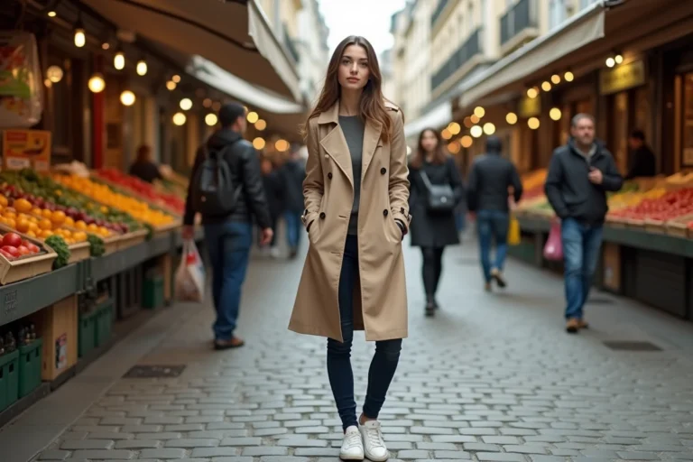Jeune femme de taille moyenne mesurant 1m55 dans un marché parisien, illustrant la perception de la petite taille en France