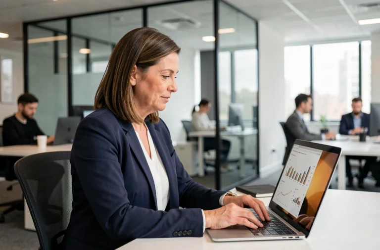 Femme d'affaires analysant des données économiques sur un ordinateur portable dans un bureau moderne en 2024
