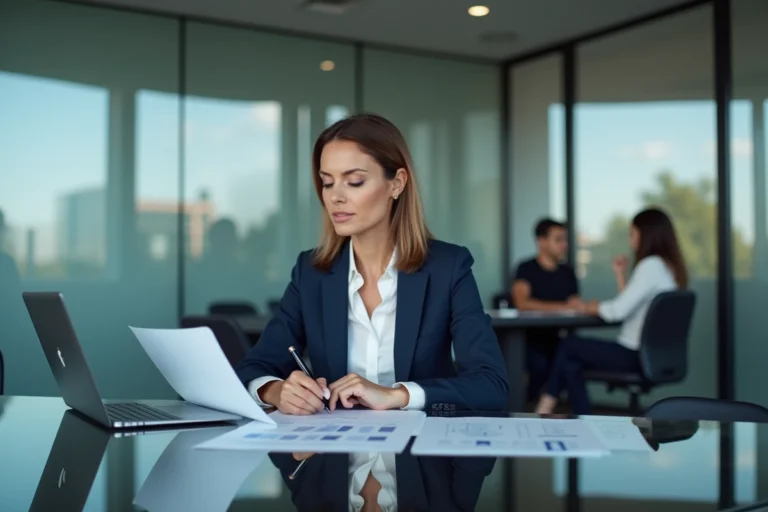 Femme d'affaires en blazer marine consultant des documents dans un bureau moderne en 2024, illustrant les tendances business actuelles