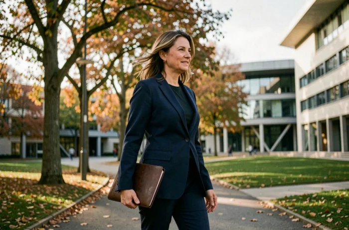 Femme d'affaires marchant sur le campus de l'écosystème Paris-Saclay avec des bâtiments de recherche en arrière-plan
