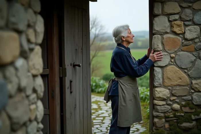 Femme âgée de 95 ans sur le seuil d'une ferme en pierre bretonne regardant la campagne