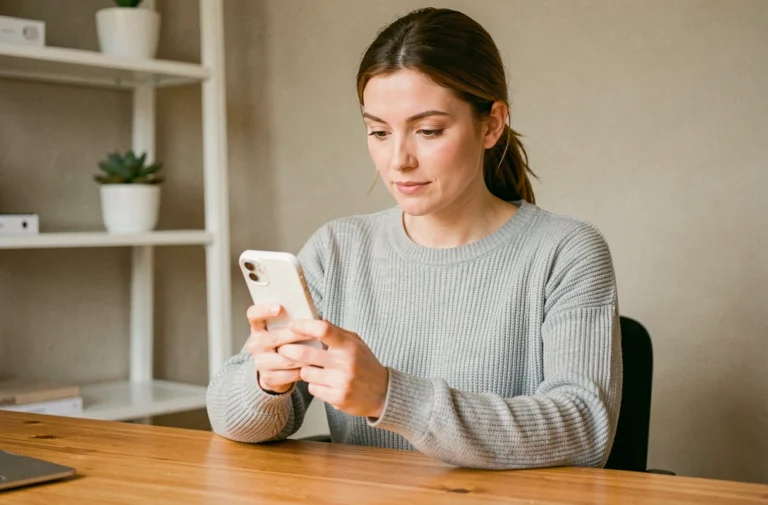 Femme utilisant une application de santé sur smartphone depuis son bureau à domicile