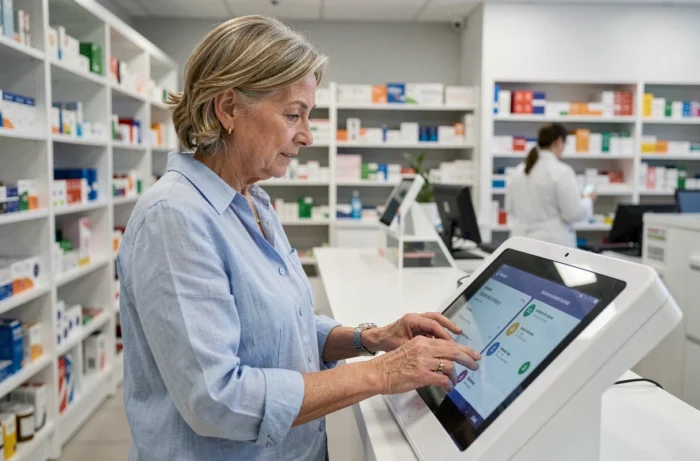 Femme senior utilisant une borne numérique de santé dans une pharmacie moderne
