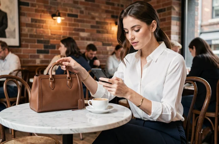 Femme assise dans un café avec un sac à main en cuir structuré et bracelet doré, accessoires de mode incontournables Zaza Mode