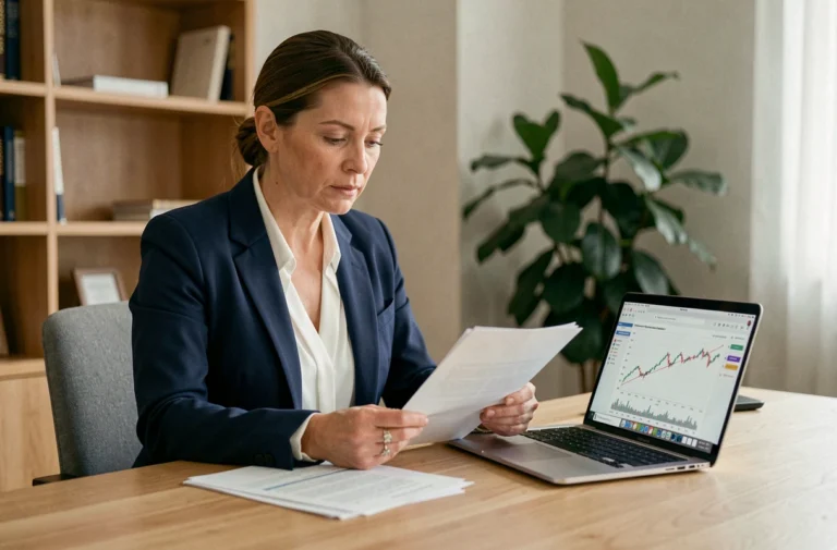 Une femme de 40 ans en blazer marine examine des documents bancaires et un ordinateur portable dans un bureau à domicile moderne, illustrant le choix d'une banque adaptée à ses besoins