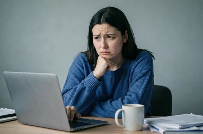 Femme inquiète devant son ordinateur portable face aux conséquences juridiques d'un accès à un site non autorisé