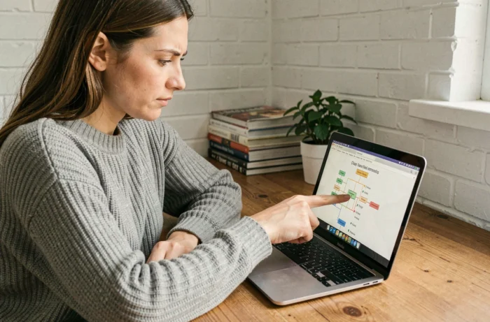 Femme consultant le plan du site d'un magazine en ligne sur son ordinateur portable dans un bureau à domicile
