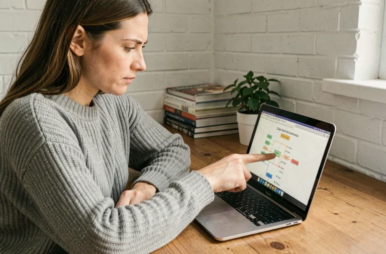 Femme consultant le plan du site d'un magazine en ligne sur son ordinateur portable dans un bureau à domicile