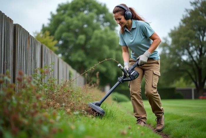 Femme maniant une débroussailleuse sans fil sur une pente herbeuse dans un jardin semi-rural en automne