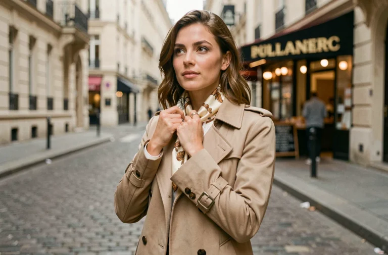 Femme élégante portant un foulard en soie et un trench coat beige dans une rue pavée parisienne, accessoires Zaza Mode